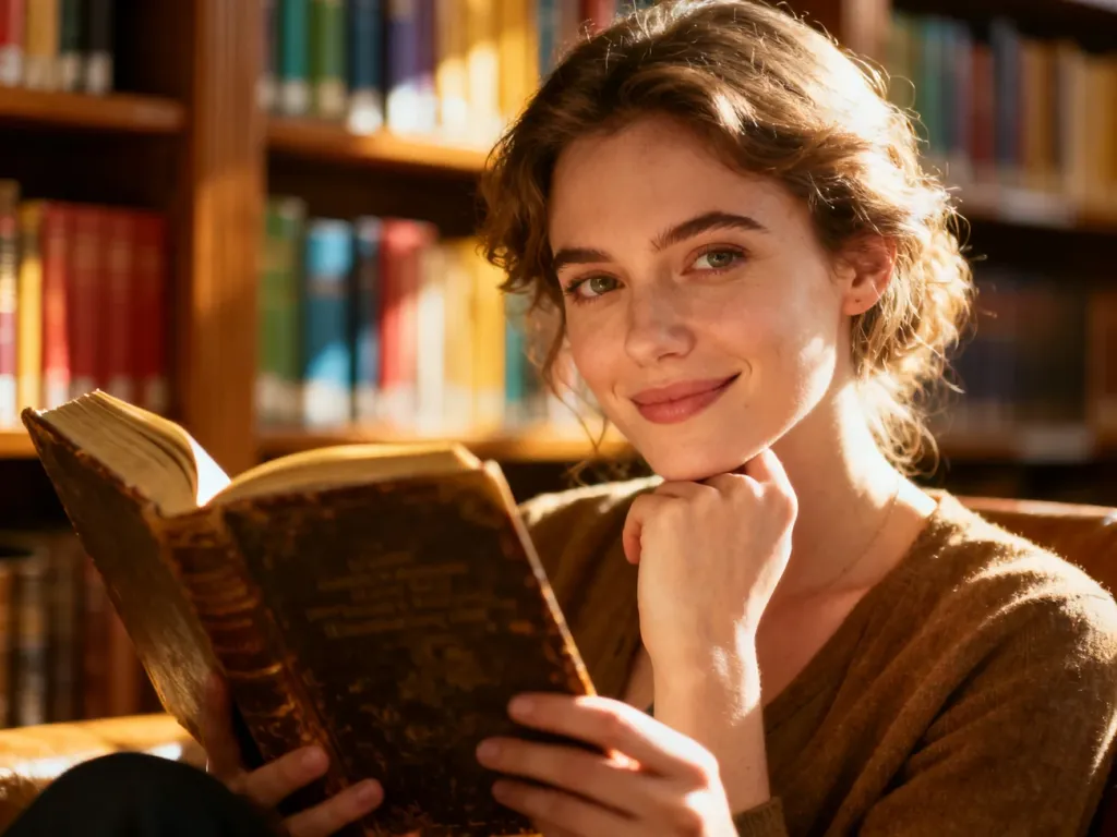 Kobieta z otwartą książką w przytulnej bibliotece, ilustrująca temat związany z językiem i literaturą.