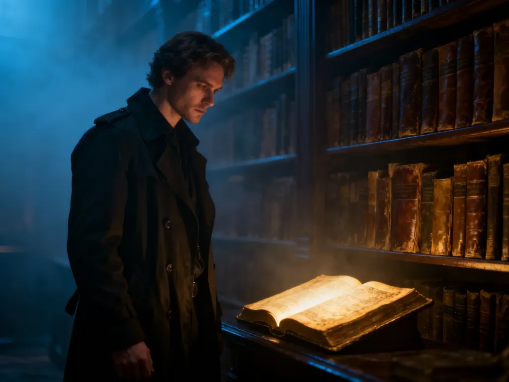 Mężczyzna w płaszczu w mrocznej bibliotece z tajemniczą, świecącą księgą, ilustrujący pojęcie enigmatyczności.