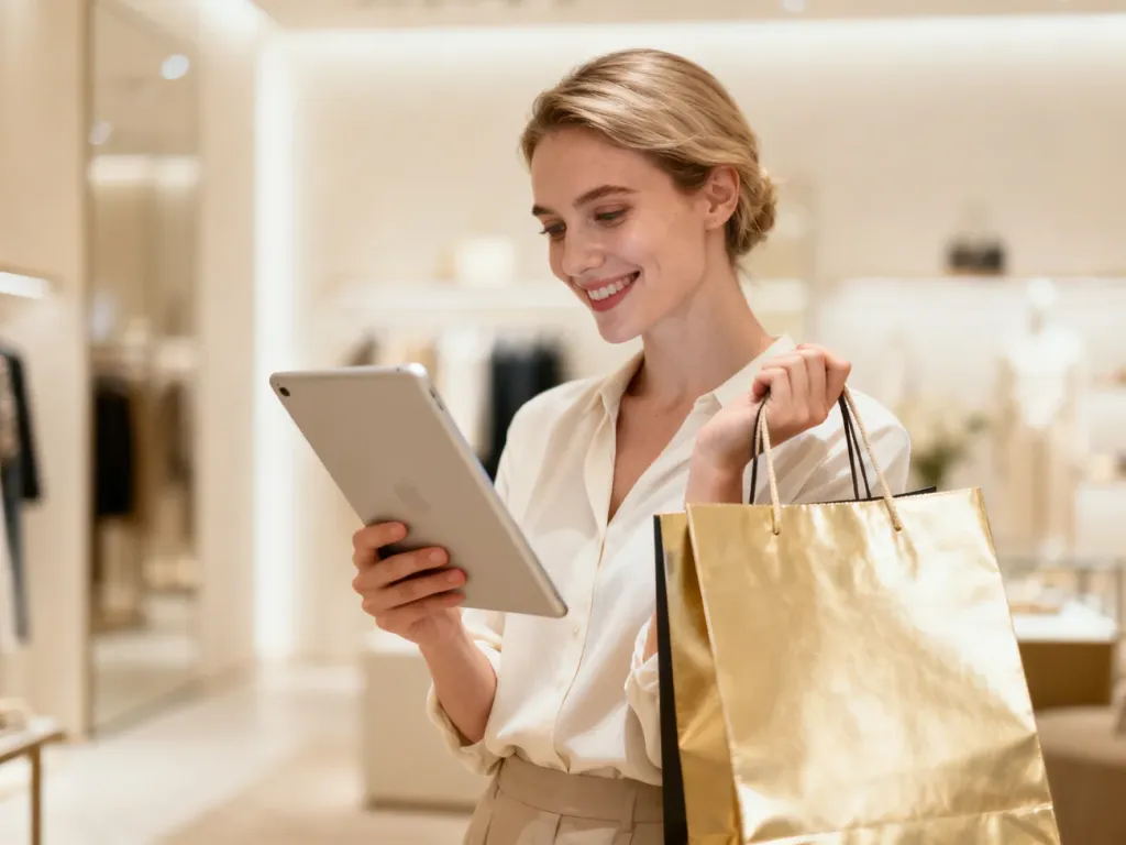 Uśmiechnięta kobieta z tabletem i torbą zakupową w nowoczesnym butiku, ilustrująca koncepcję modnych produktów must-have.