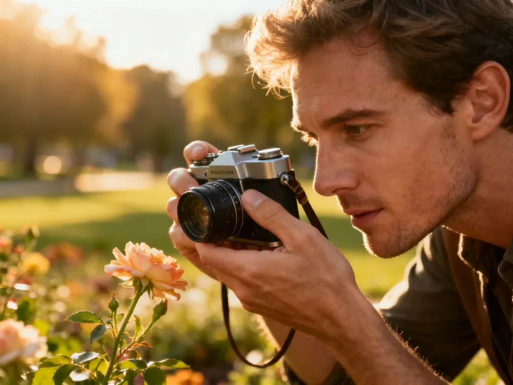 Mężczyzna z pasją fotografuje kwiat w ogrodzie, skupiając się na detalu przy użyciu aparatu analogowego.