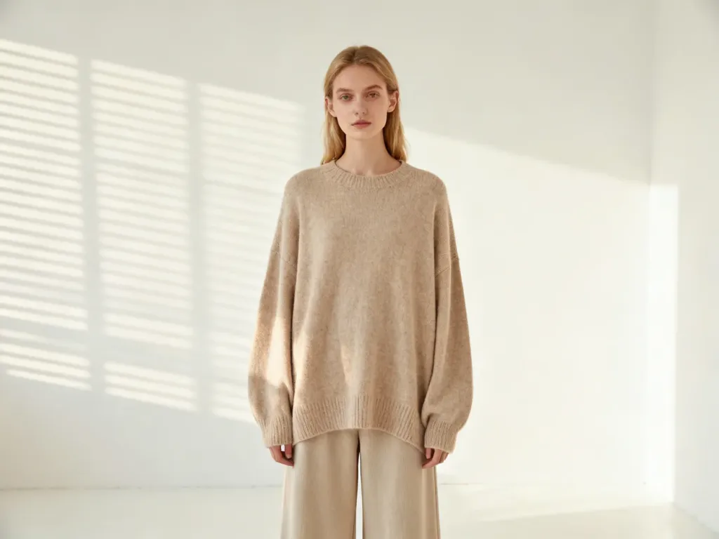 Kobieta w beżowym swetrze typu oversize i szerokich spodniach, prezentująca stylizację w duchu mody loose fit.